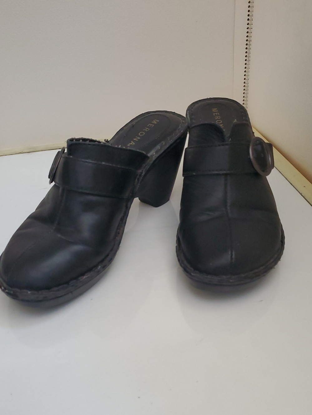 Black Leather High Heel Clogs with Buckle - Picture 1 of 11